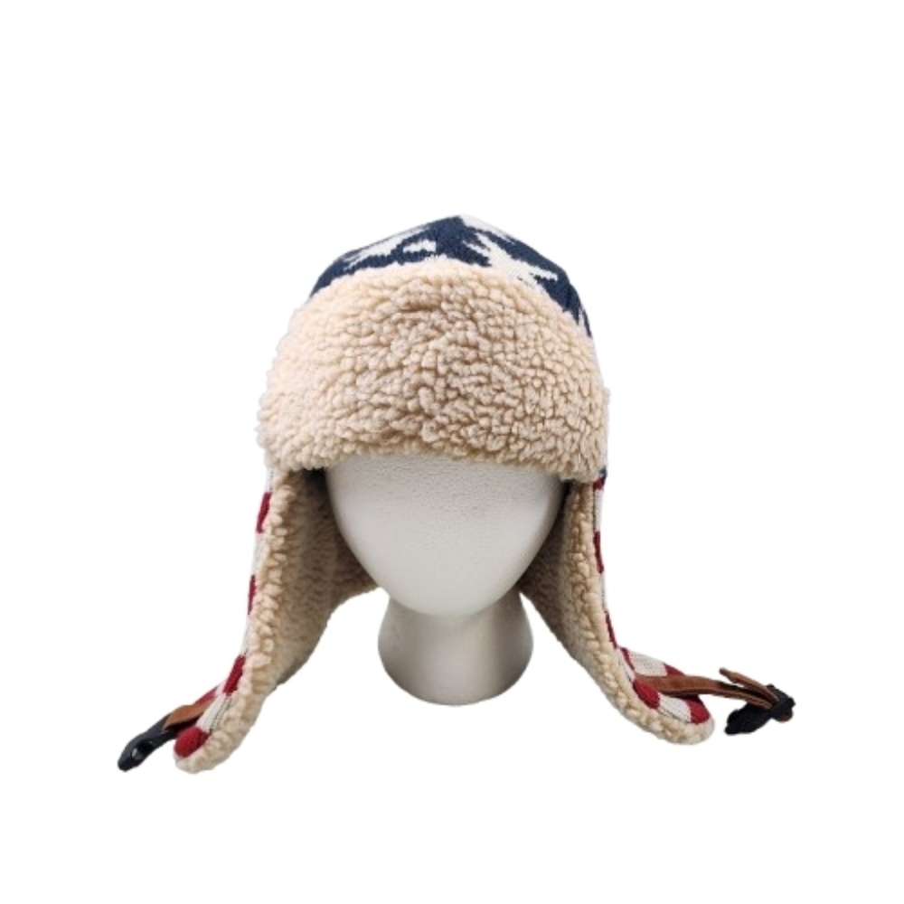Fleece-Lined Trapper Hat in Navy and Cream American Flag Patriotic Knit OS Adult